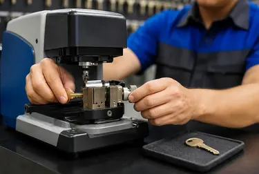 Chaveiro utilizando uma máquina para fazer cópias de chaves em Rio Verde.