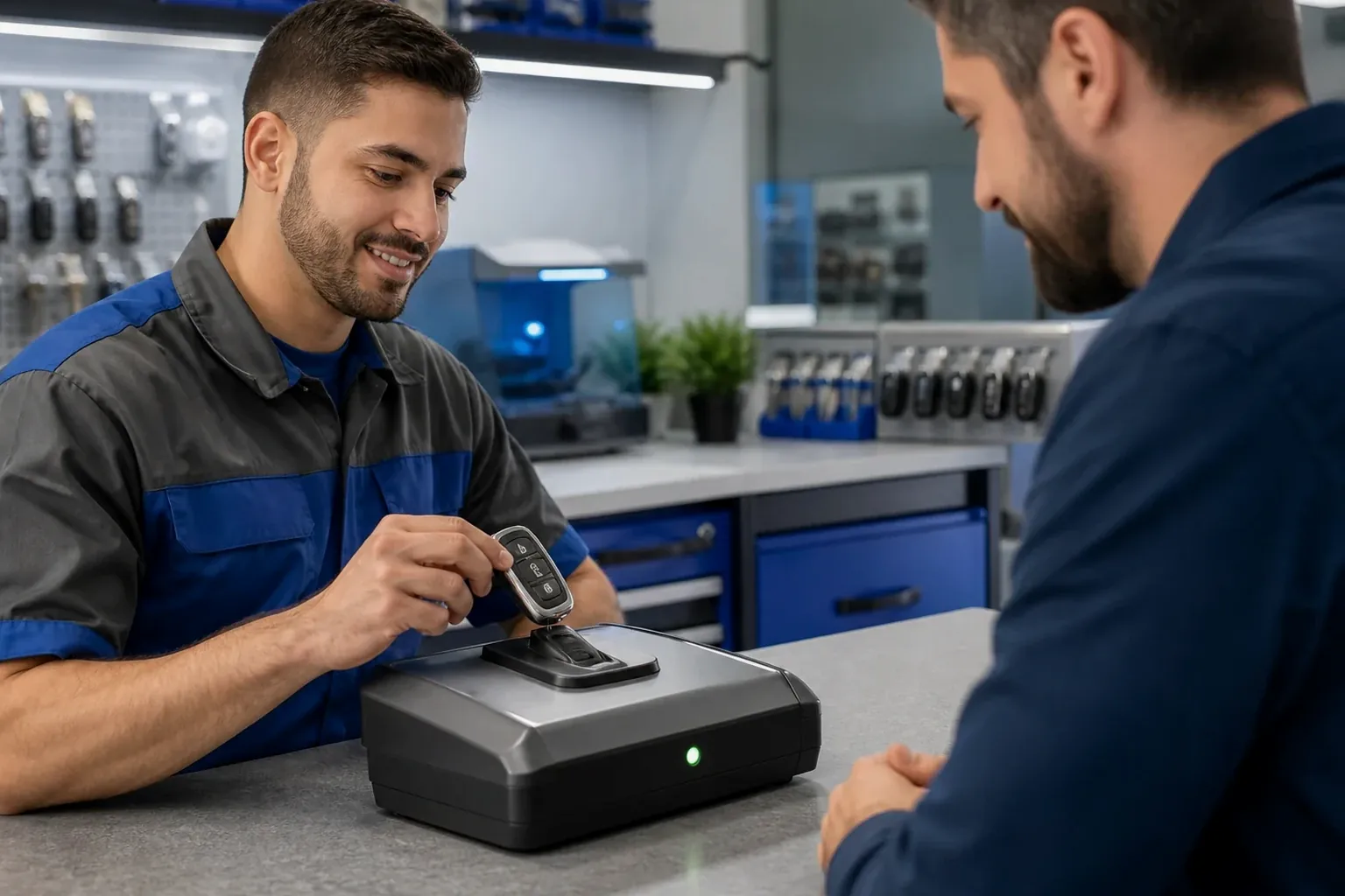 Técnico programando chave eletrônica em Rio Verde, com equipamentos especiais.